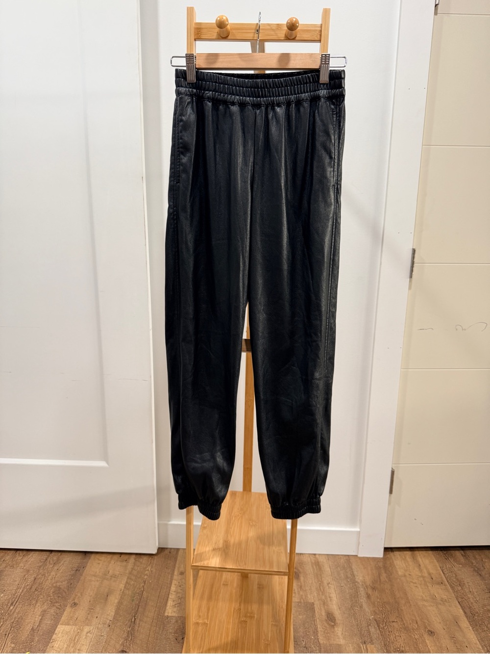 Babaton Black Faux Leather Track Joggers